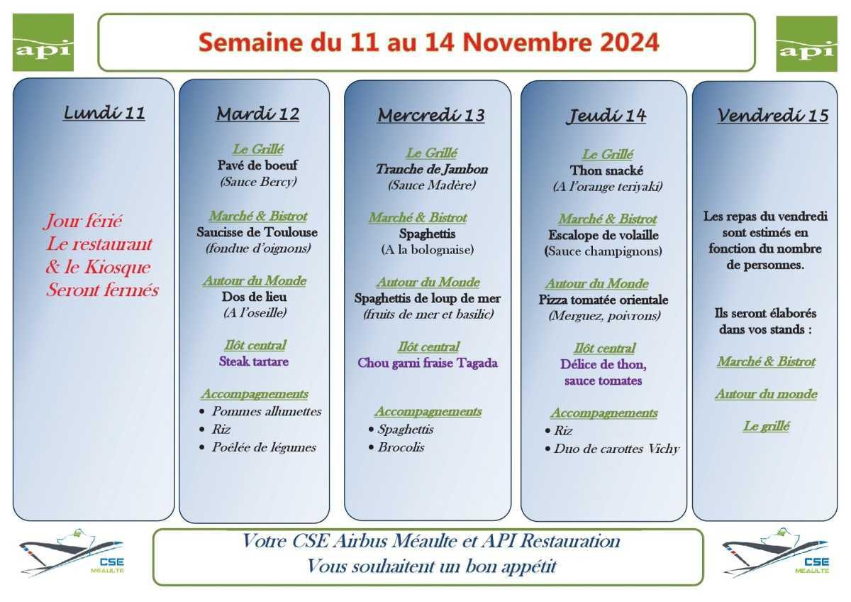 Menu du 11 au 15 Novembre 2024