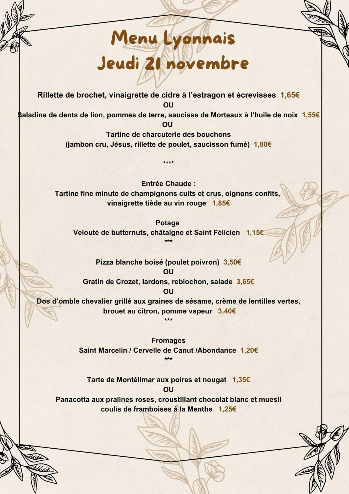 Menu du 18 au 22 Novembre