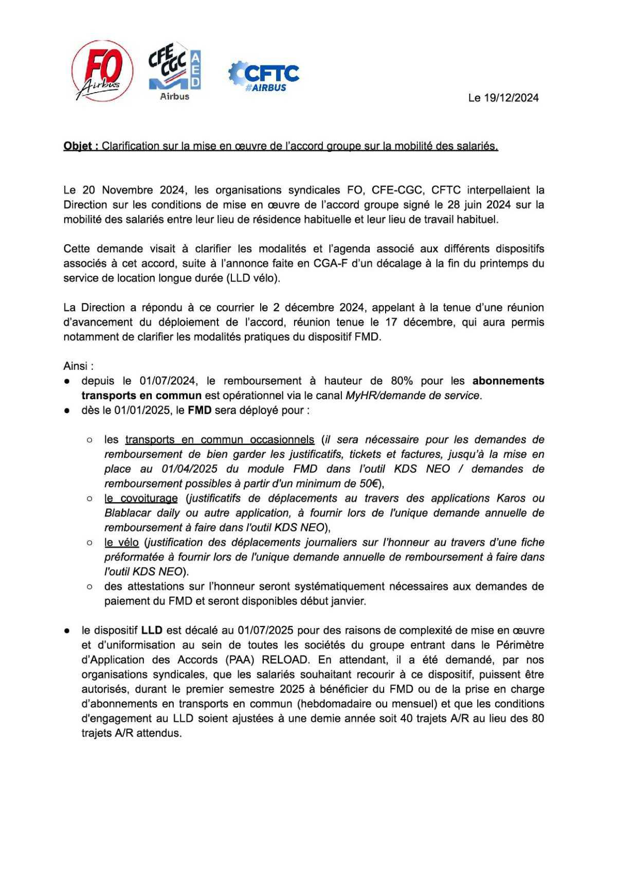 Réponse de la direction concernant l'accord mobilité des salariés