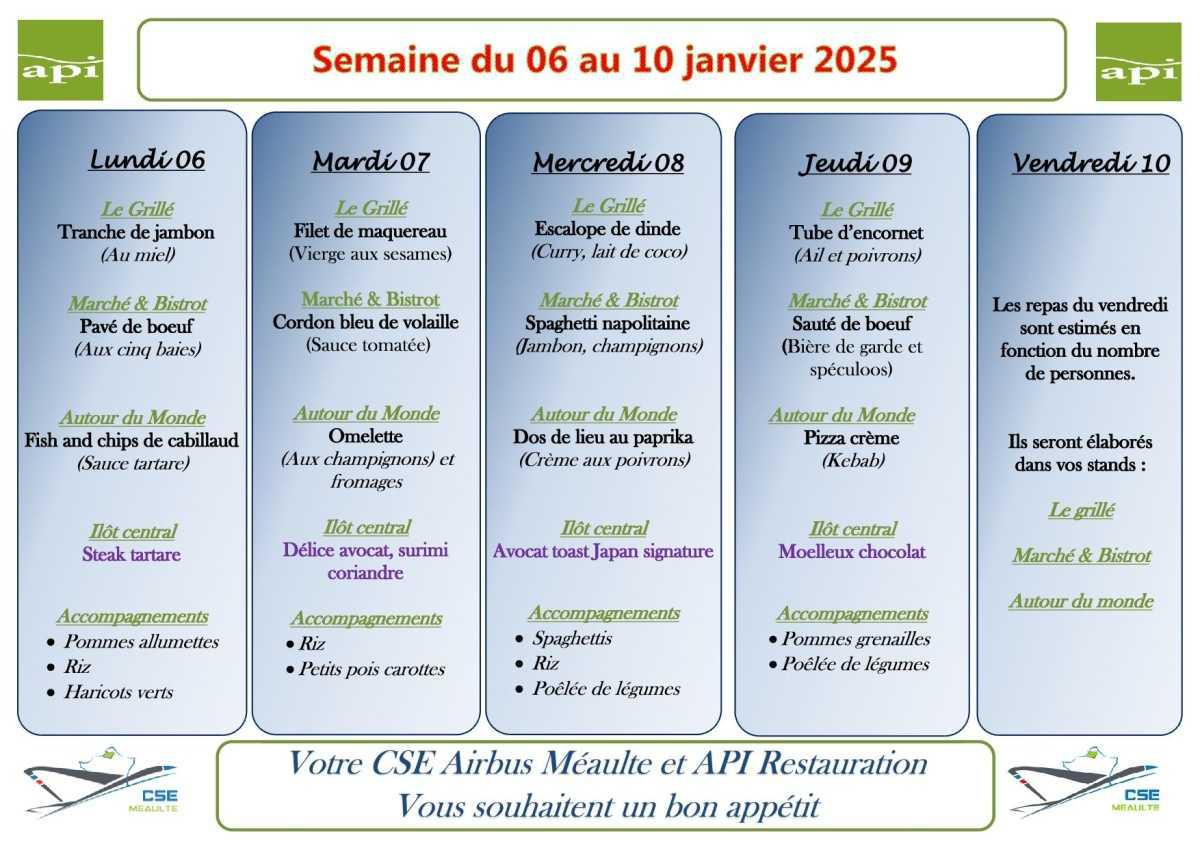 Menu du 06 au 10 Janvier