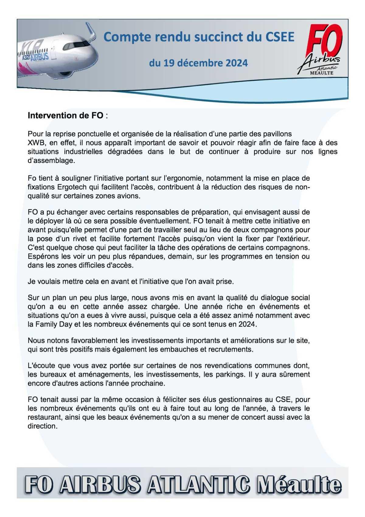 Compte rendu succinct du CSE-E du 19 décembre 2024