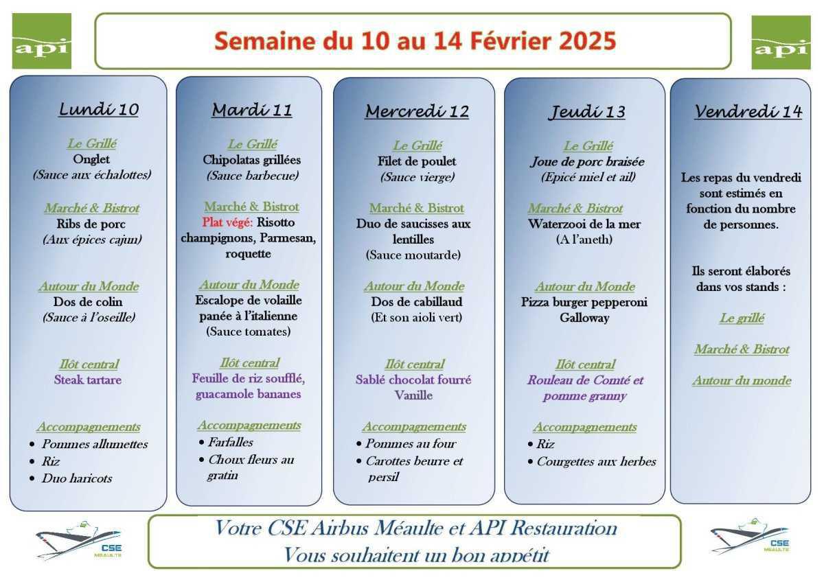 Menu du 10 au 14 février 2025