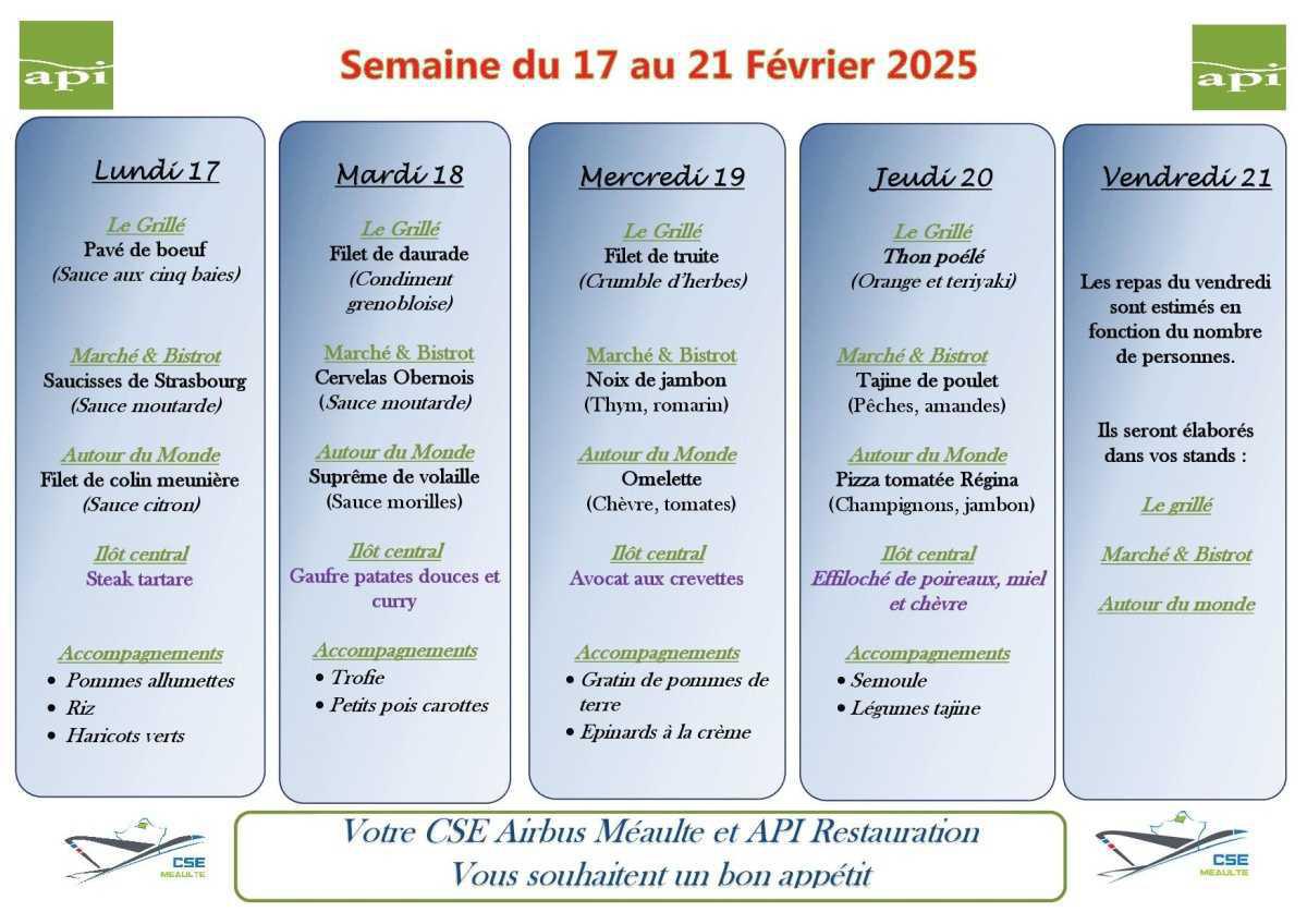 Menu du 17 au 21 février 2025