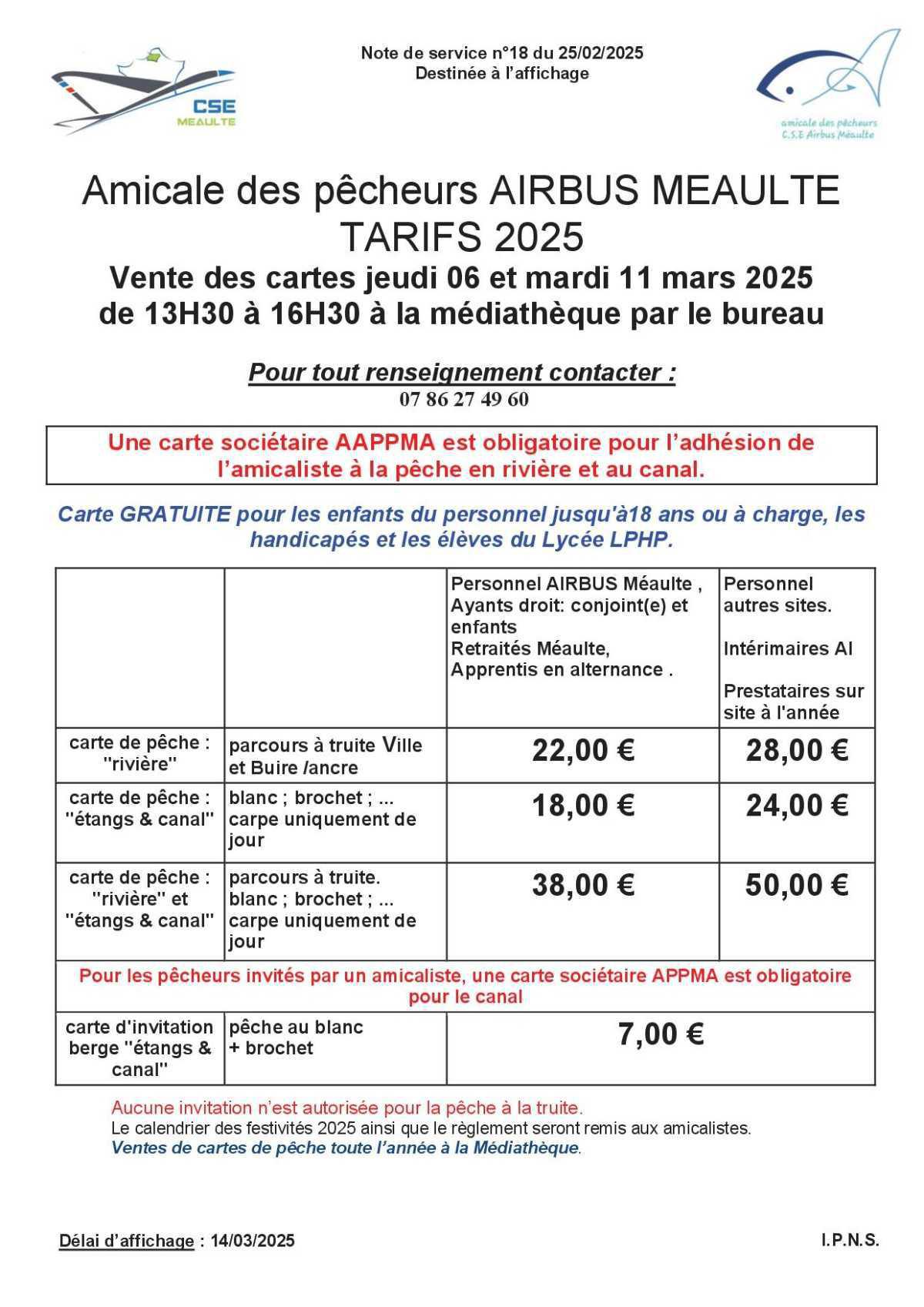 Ventes des cartes de pêche "Amicale des pêcheurs"