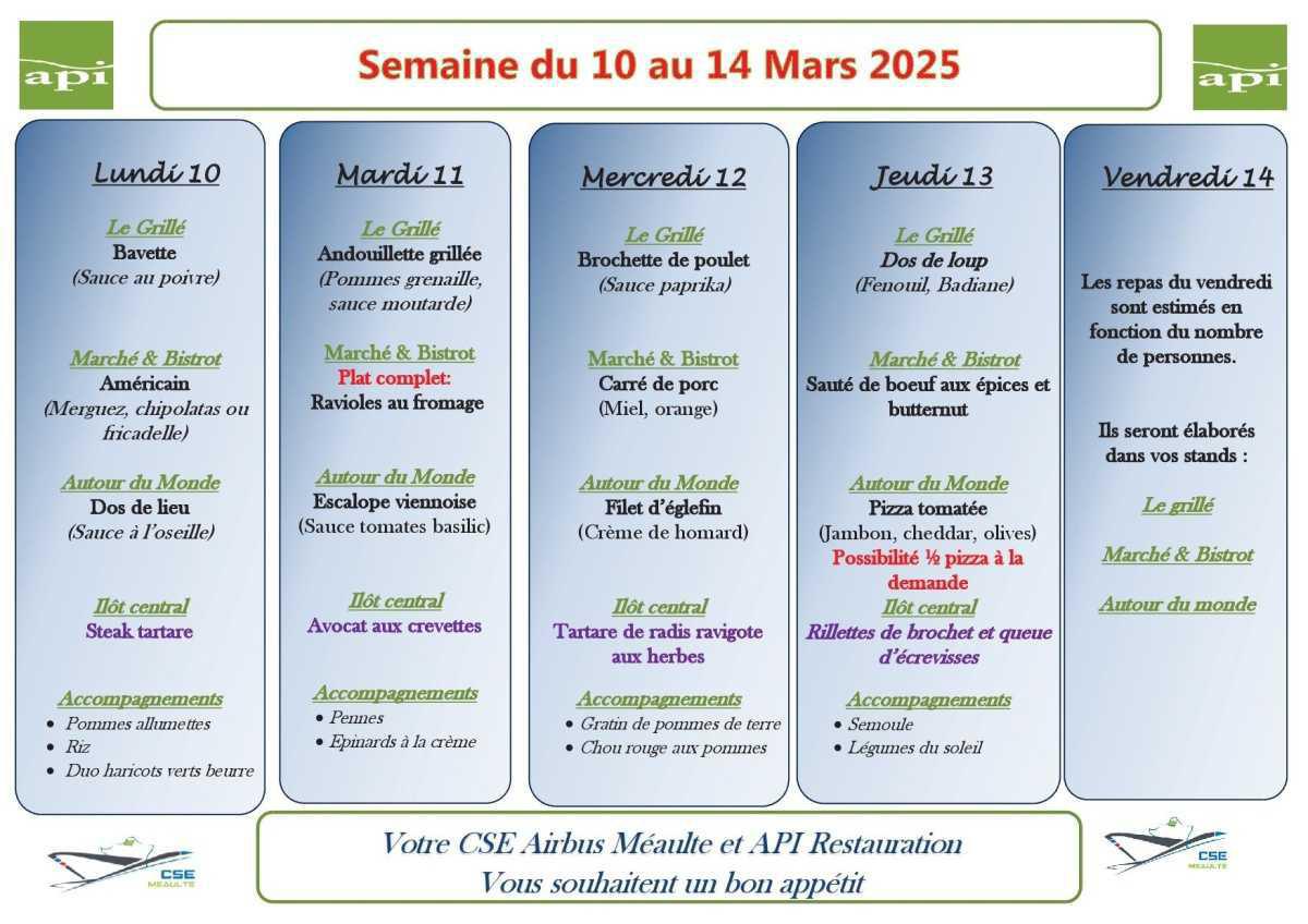 Menu du 10 au 14 mars 2025