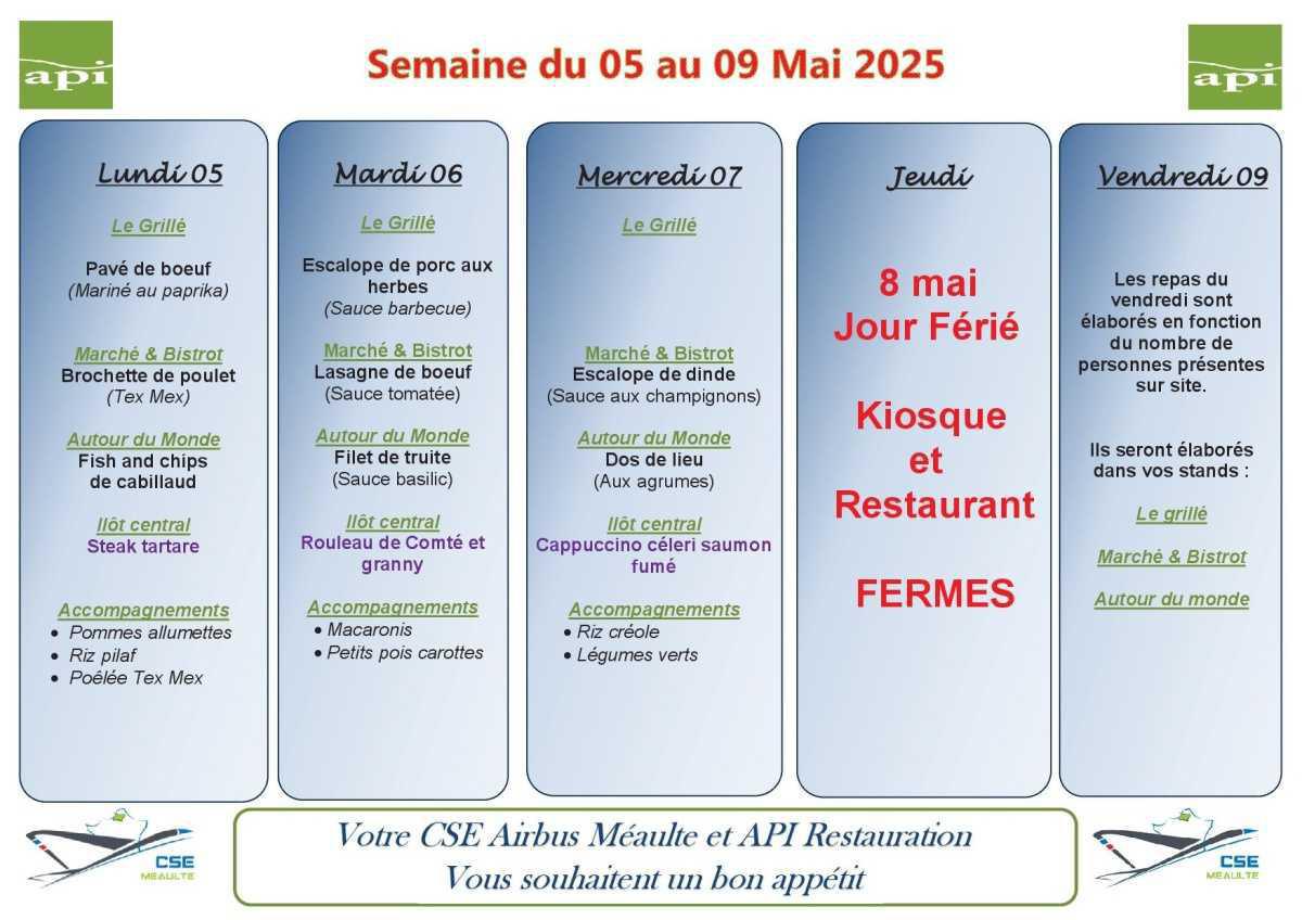 Menu du 05 au 09 mai 2025