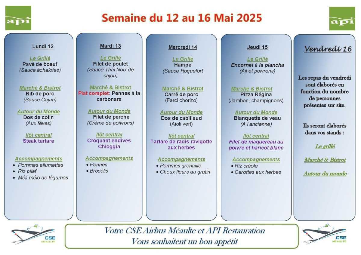 Menu du 12 au 16 mai 2025