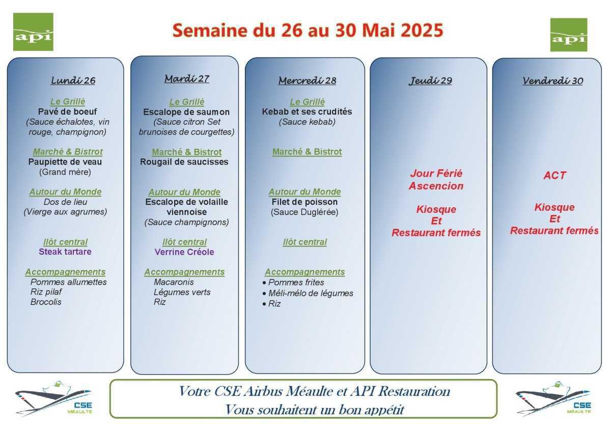 Menu du 26 au 30 mai 2025
