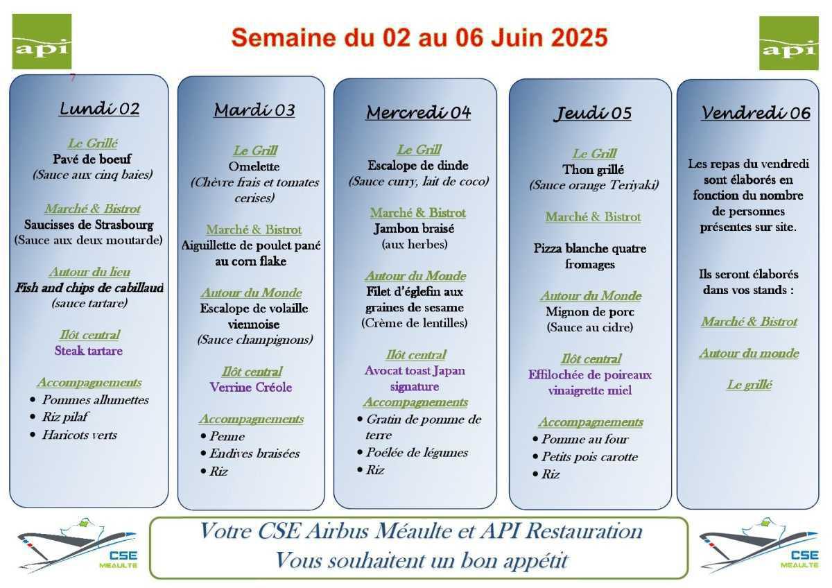 Menu du 02 au 06 Juin 2025