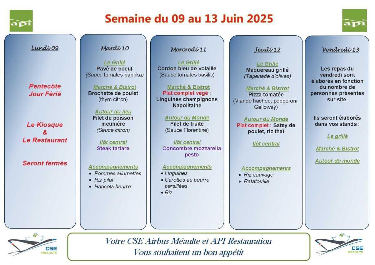 Menu du 09 au 13 Juin 2025