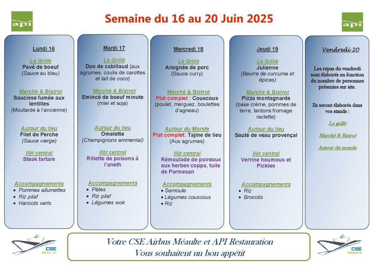 Menu du 16 au 20 Juin 2025