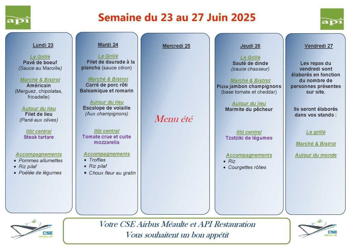 Menu du 23 au 27 Juin 2025