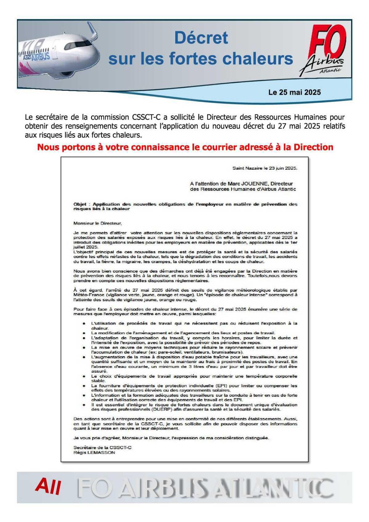 Courrier réponse concernant le décret sur les fortes chaleurs