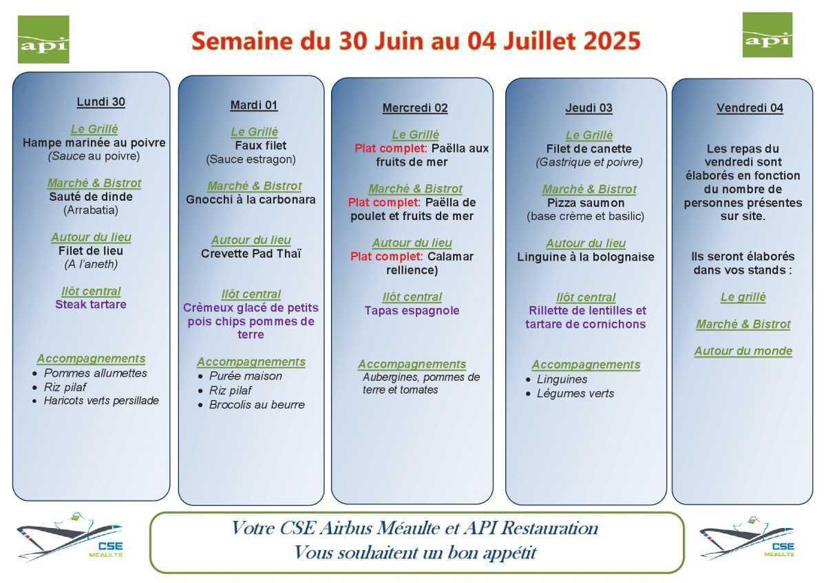Menu du 30 juin au 04 juillet 2025