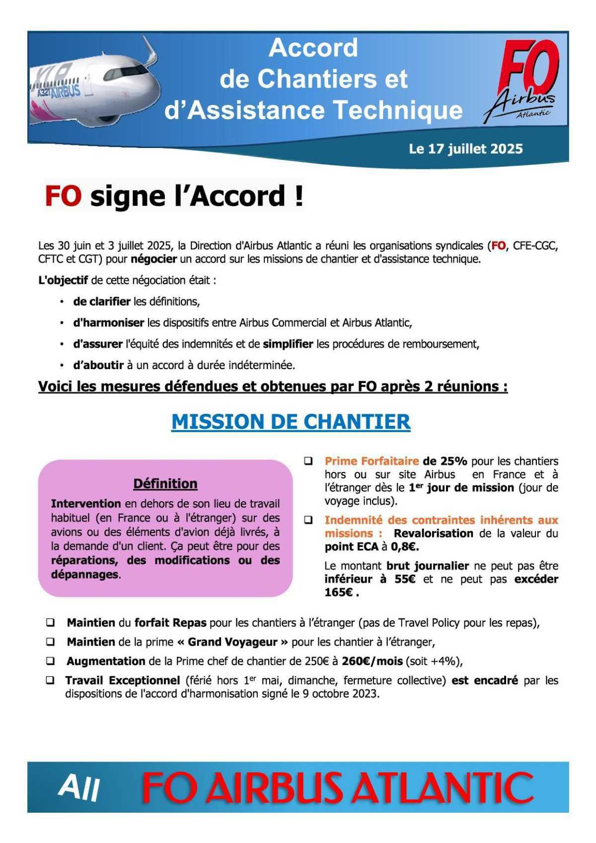 FO signe l'accord relatif aux missions de chantier et d'assistance technique