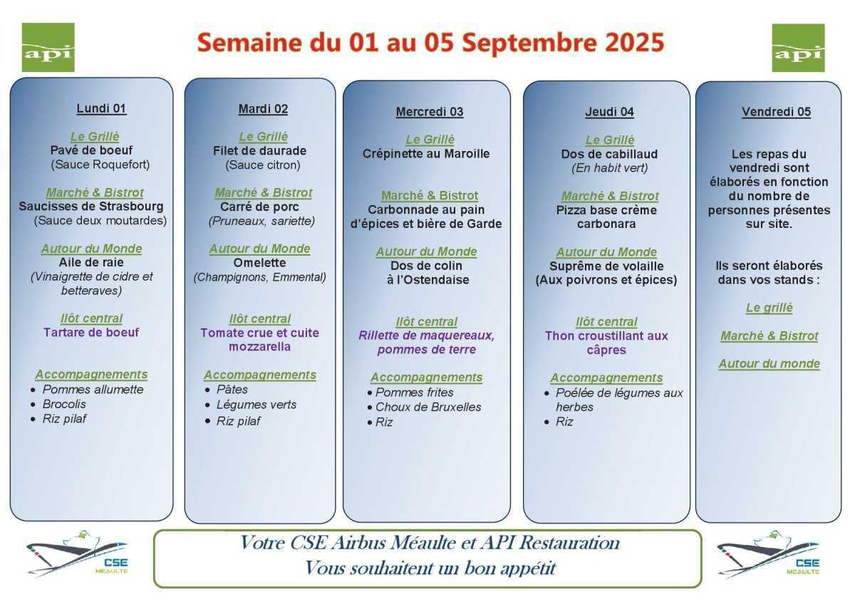 Menu du 01 au 05 septembre 2025