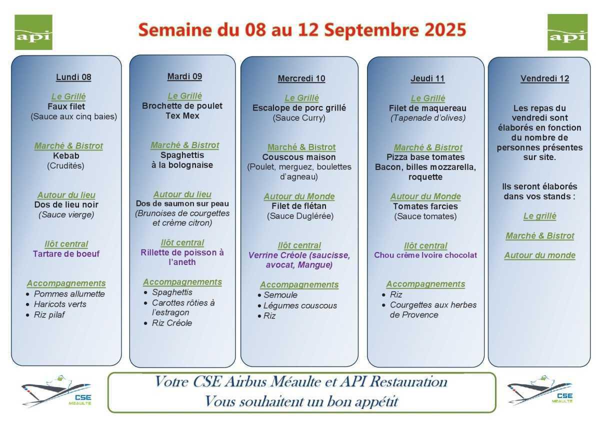 Menu du 08 au 12 septembre 2025