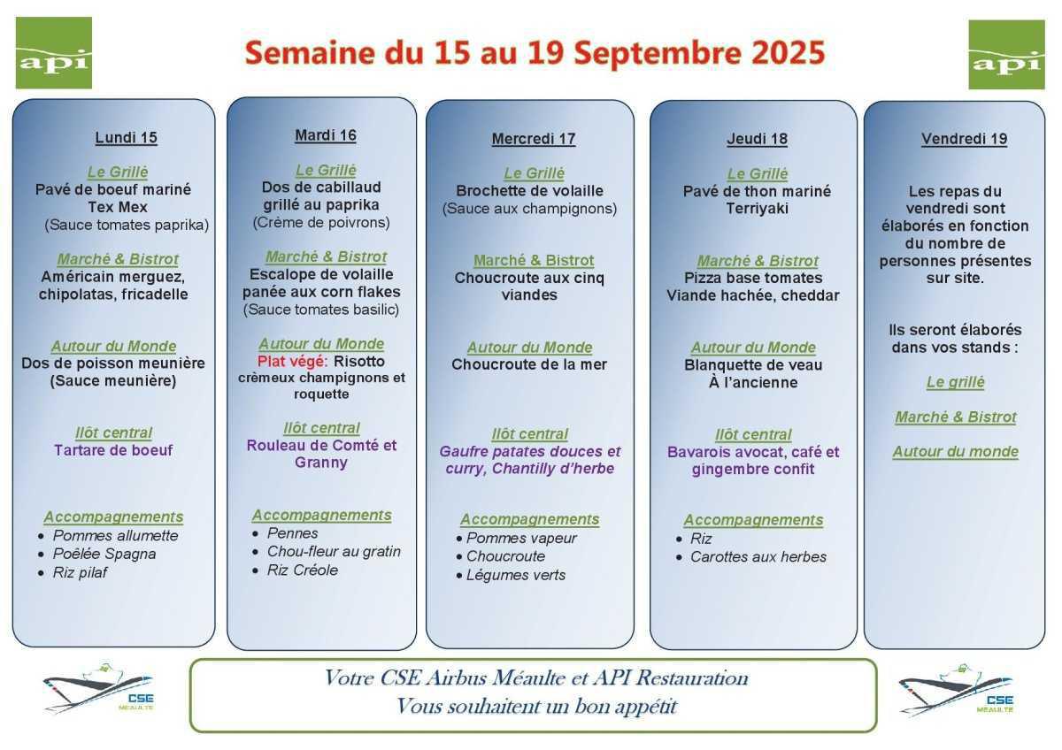 Menu du 15 au 19 septembre 2025