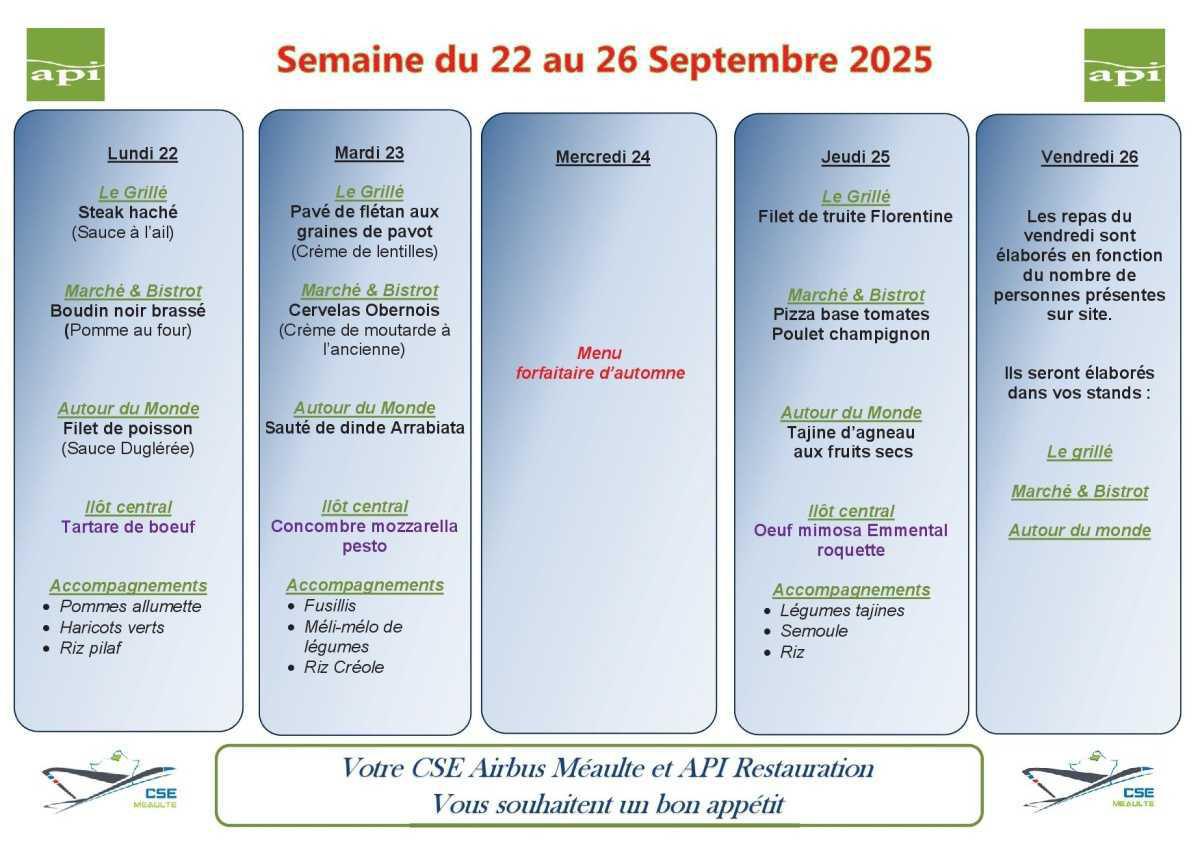 Menu du 22 au 26 septembre 2025