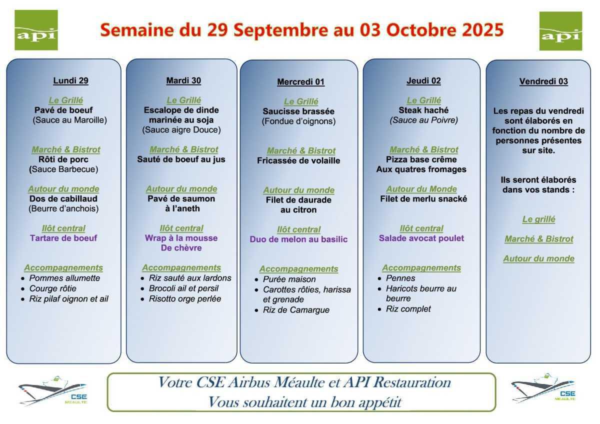 Menu du 29 septembre au 03 octobre