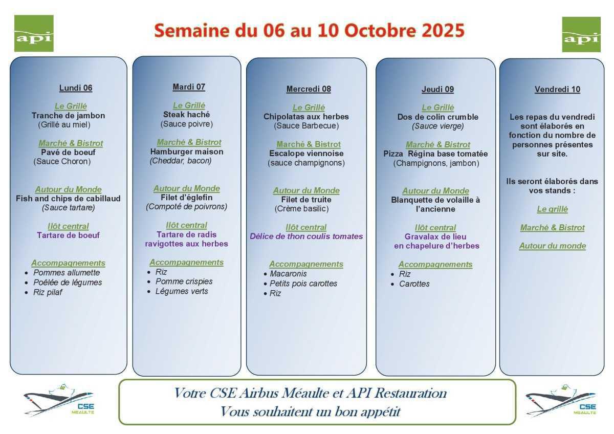 Menu du 06 au 10 octobre 2025
