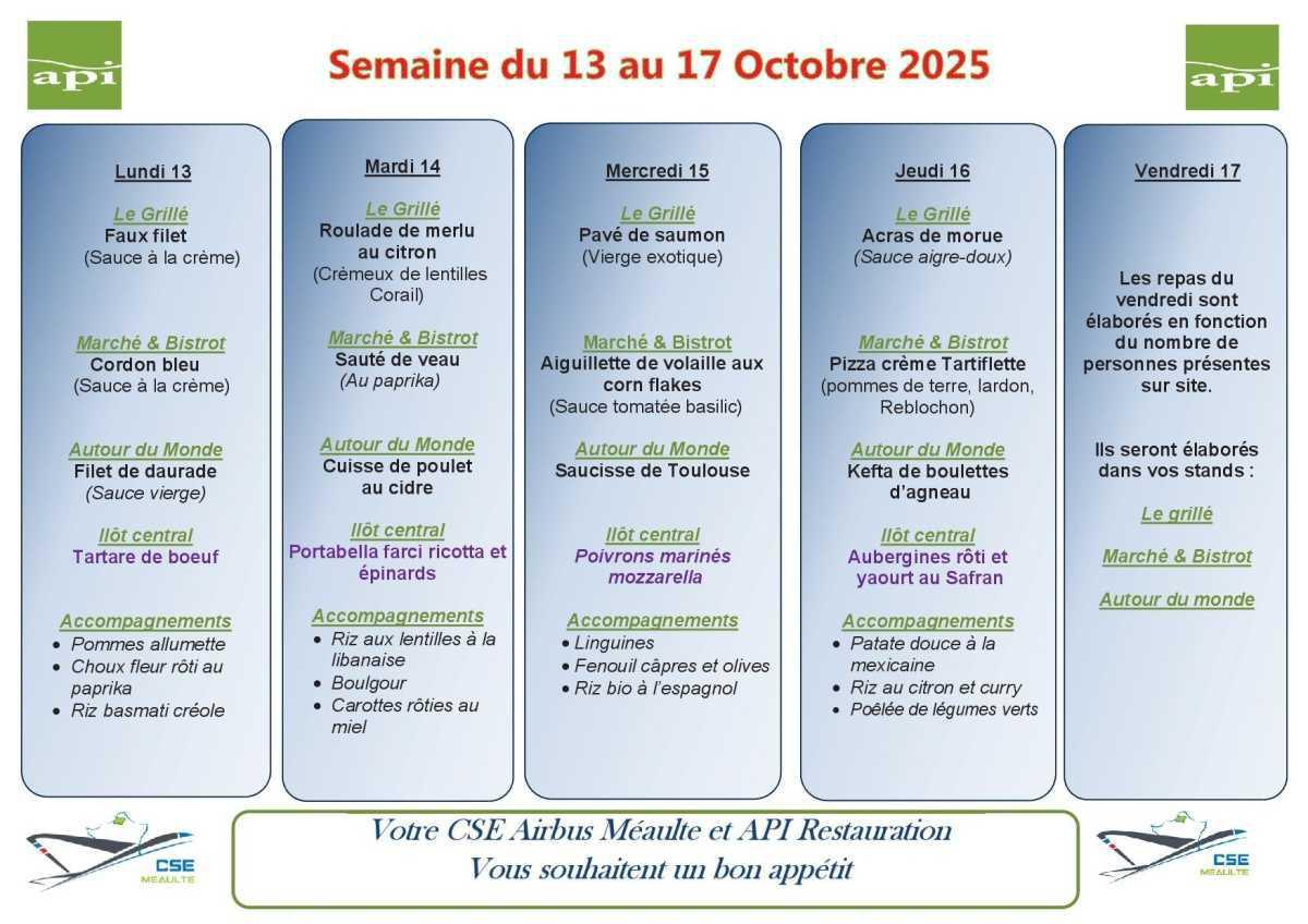 Menu du 13 au 17 Octobre 2025