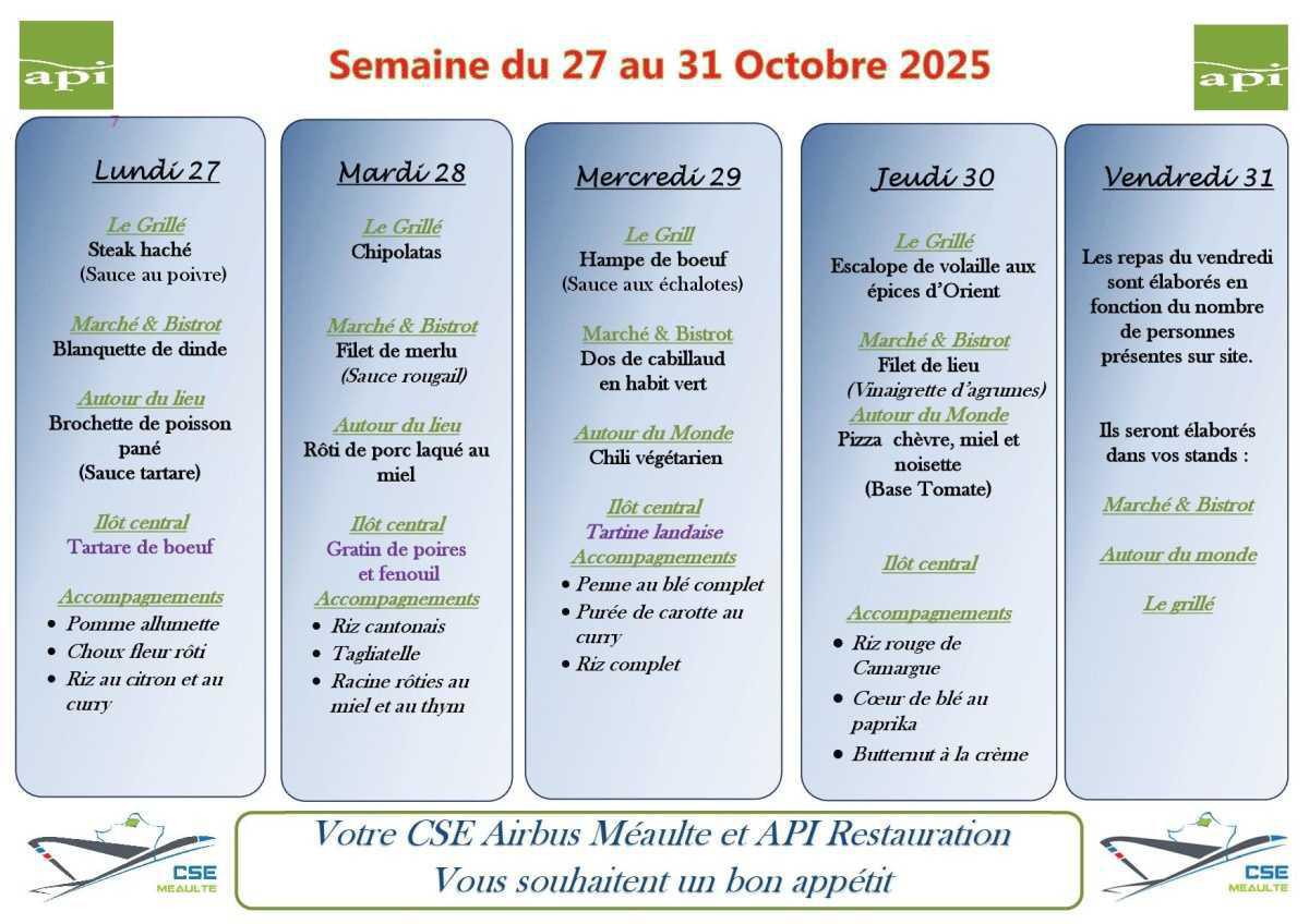 Menu du 27 au 31 octobre 2025
