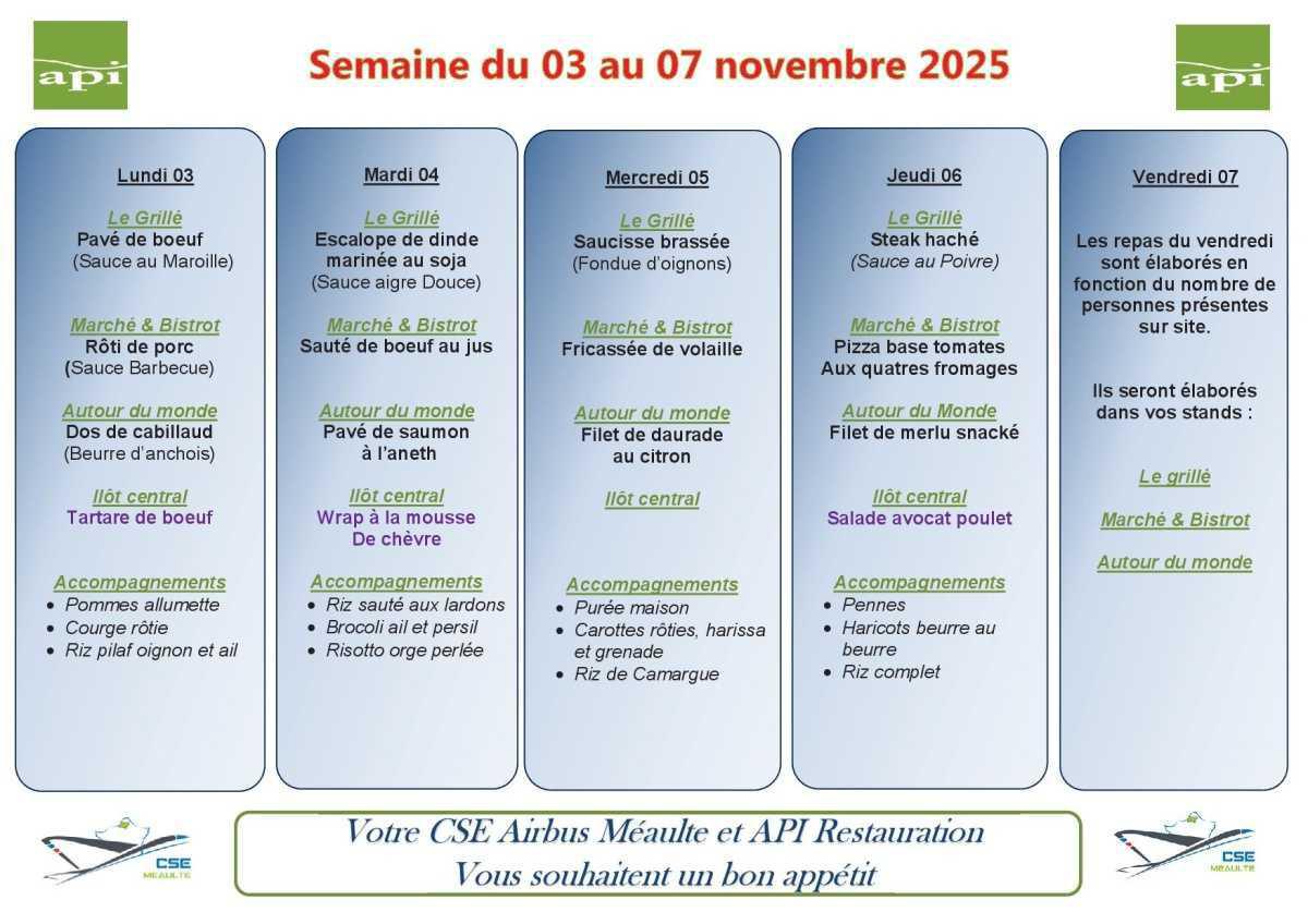 Menu du 03 au 07 Novembre 2025