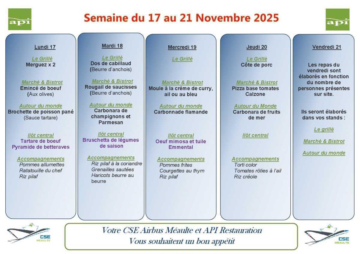 Menu du 17 au 21 novembre 2025