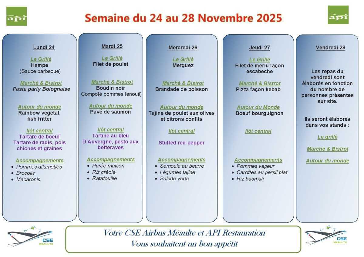Menu du 24 au 28 Novembre 2025