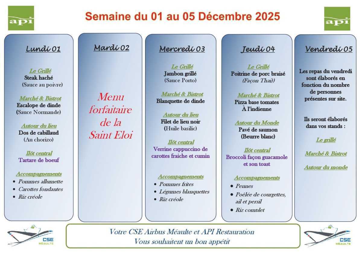 Menu du 01 au 05 décembre 2025