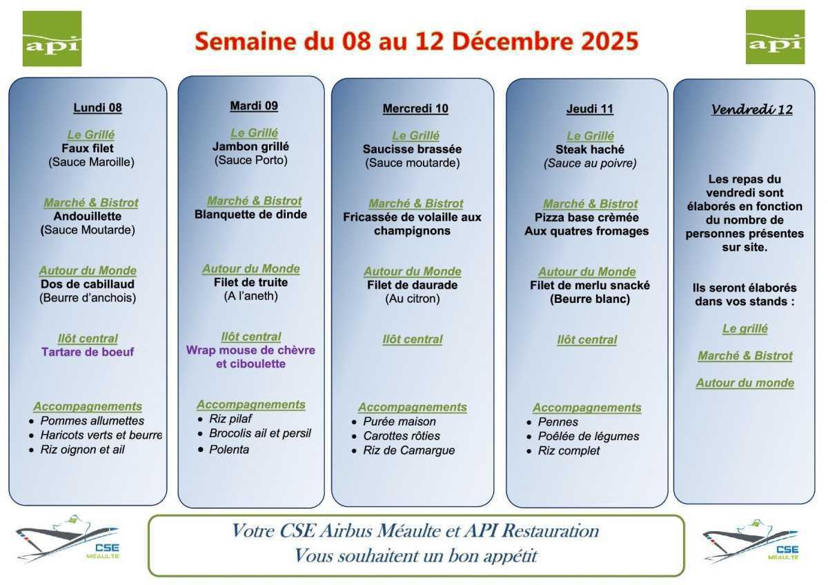 Menu du 8 au 12 décembre 2025