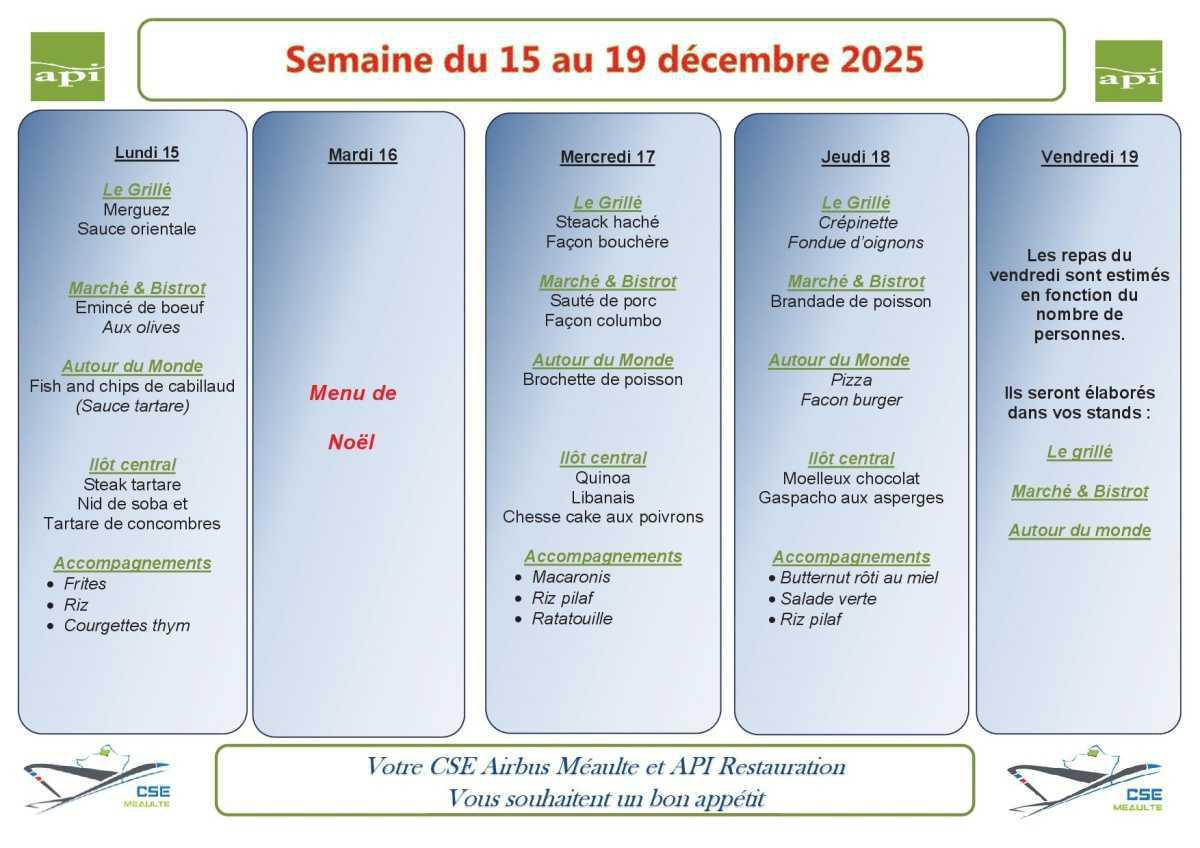 Menu du 15 au 19 décembre 2025