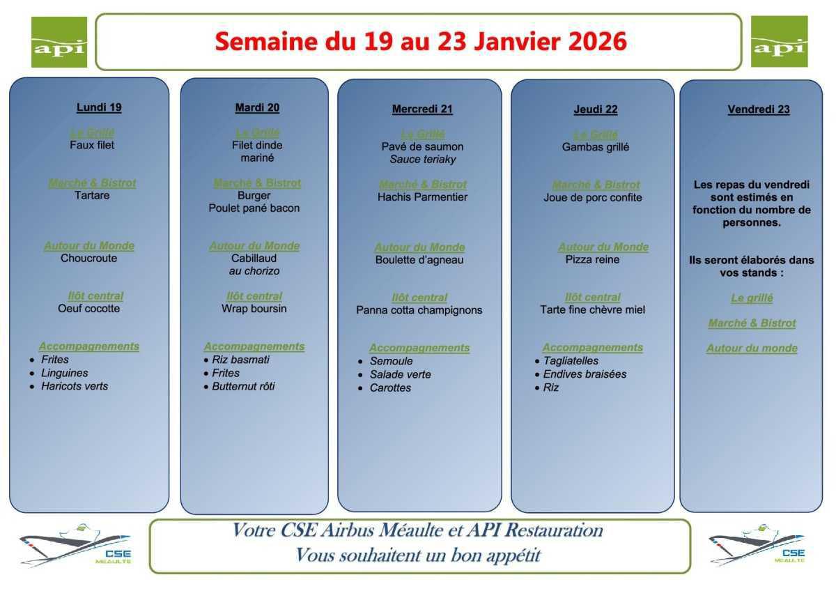 Menu du 19 au 23 janvier 2026