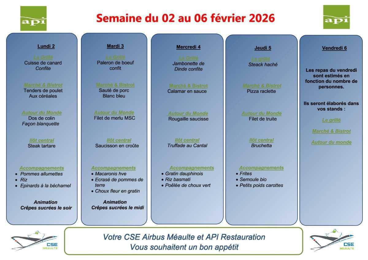 Menu du 02 au 06 février 2026
