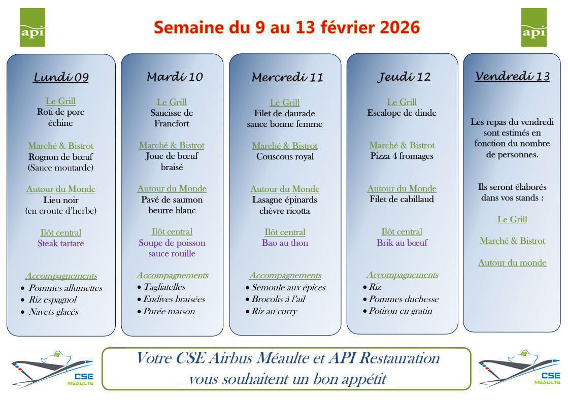 Menu du 9 au 13 février 2026