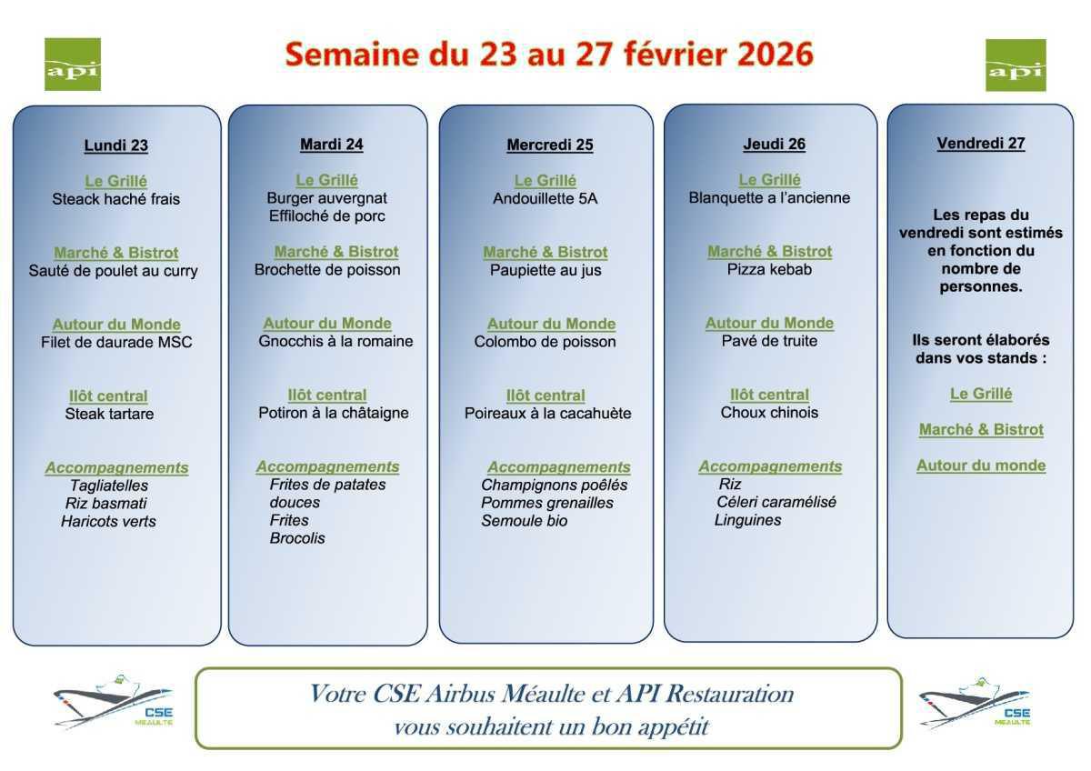 Menu du 23 au 27 février 2026