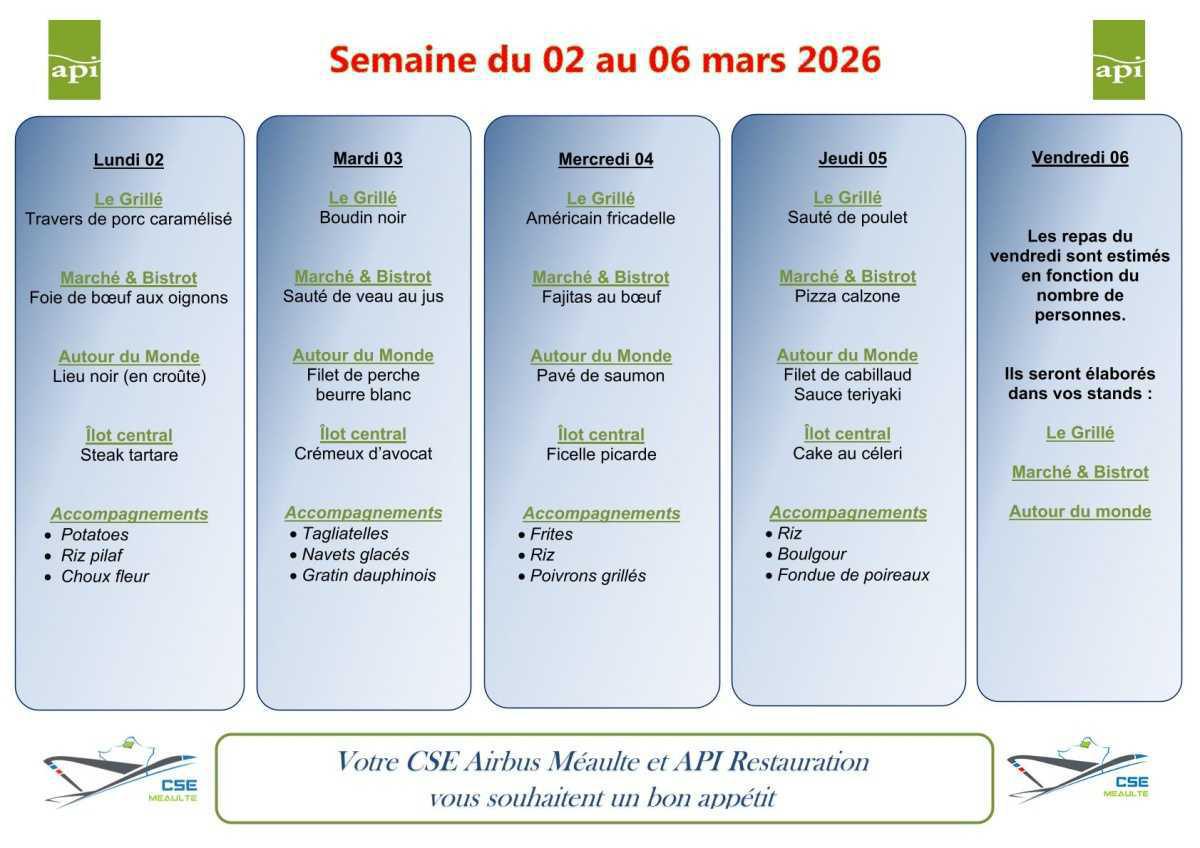 Menu du 02 au 06 mars 2026