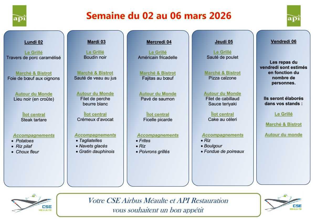 Menu du 2 au 6 mars 2026