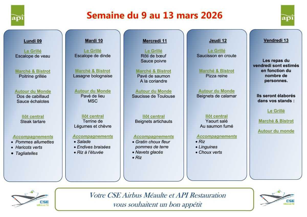 Menu du 9 au 13 mars 2026