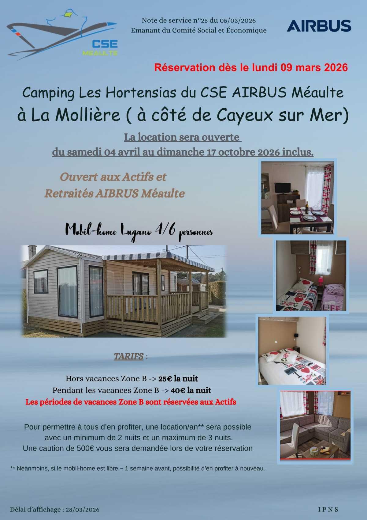 Réservation ouverte pour le mobil home à la Mollière