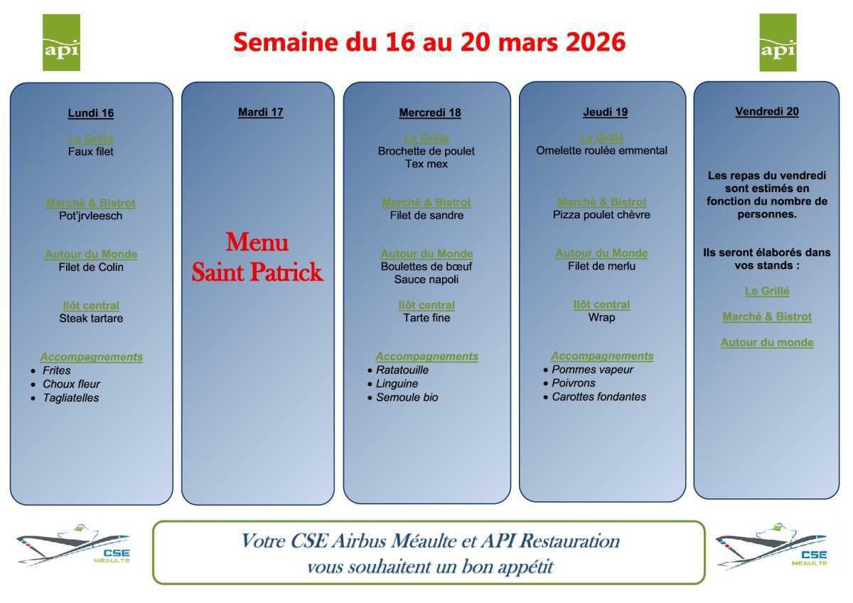 Menu du 16 au 20 mars 2026