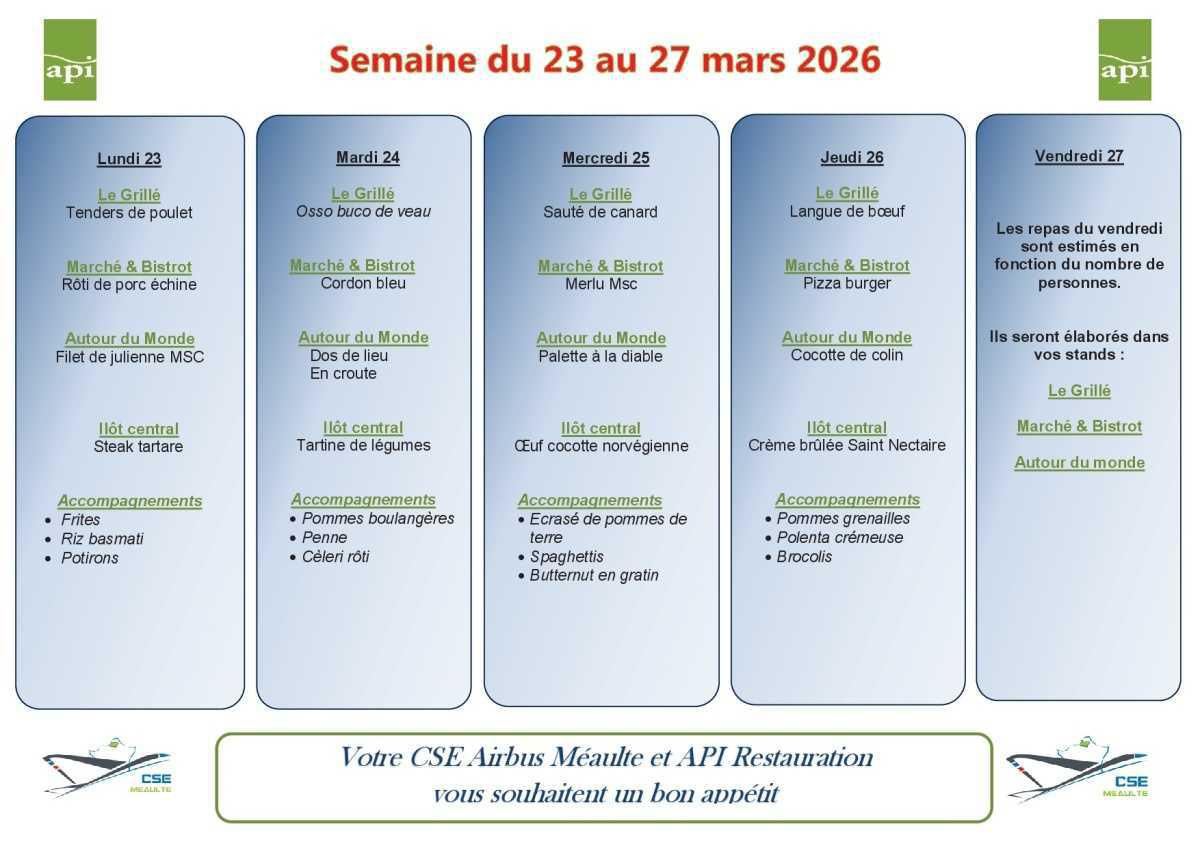Menu du 23 au 27 mars 2026
