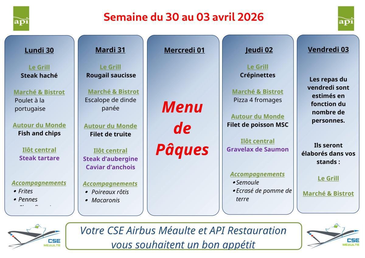 Menu du 30 mars au 03 avril 2026