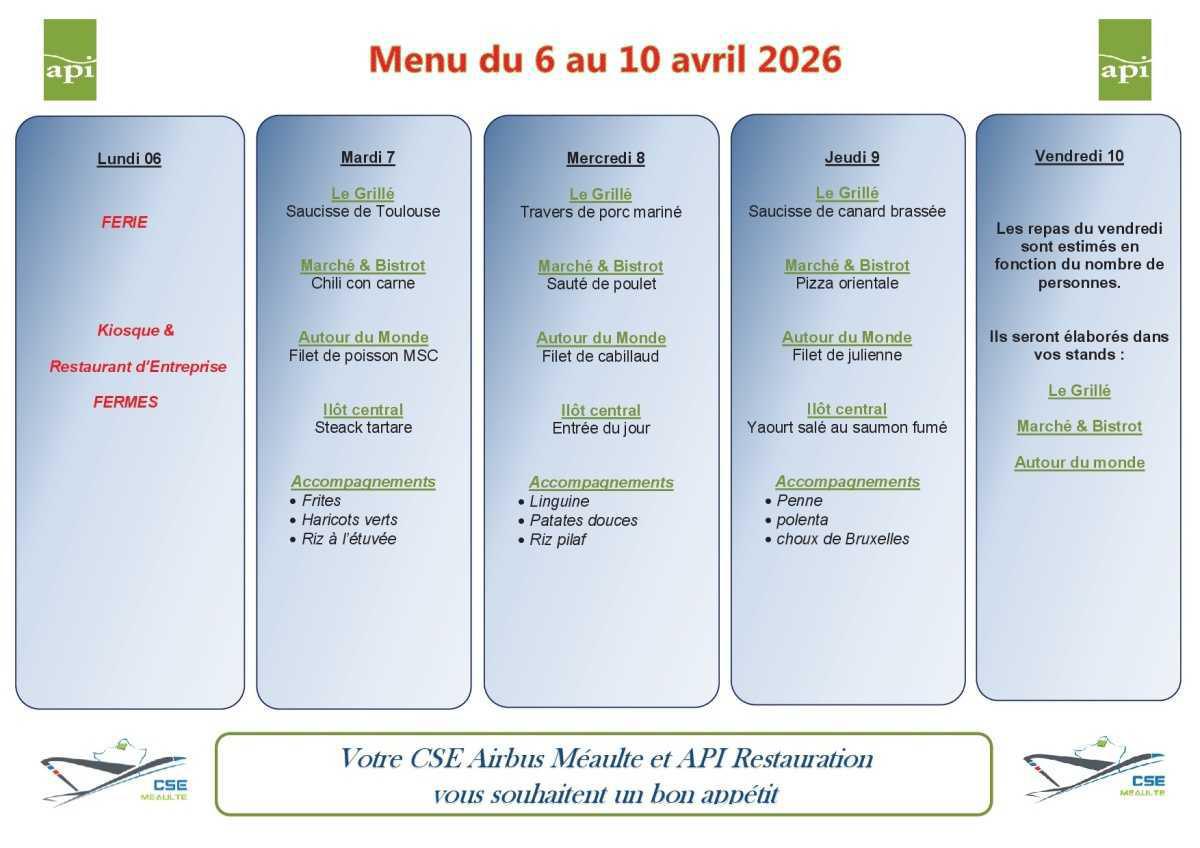 Menu du 6 au 10 avril 2026