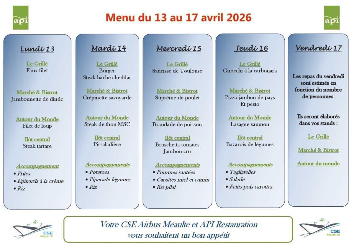 Menu du 13 au 17 avril 2026