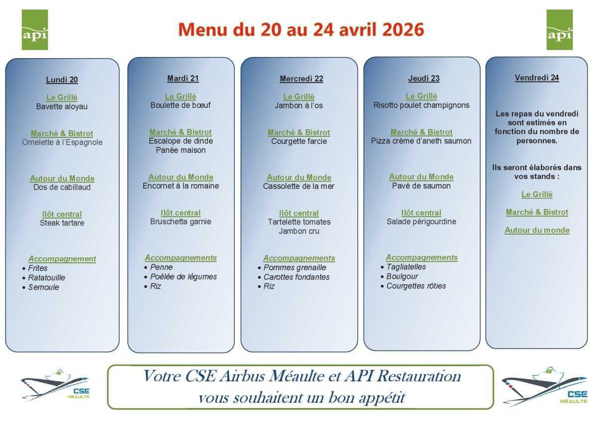 Menu du 20 au 24 avril 2026
