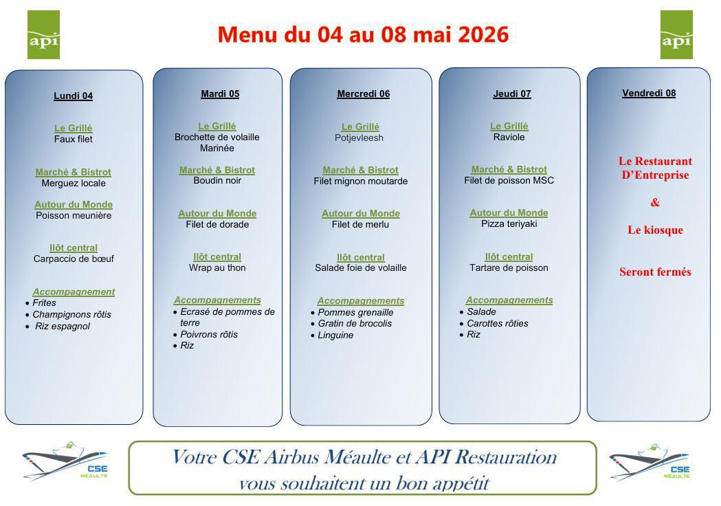 Menu du 04 au 08 mai 2026
