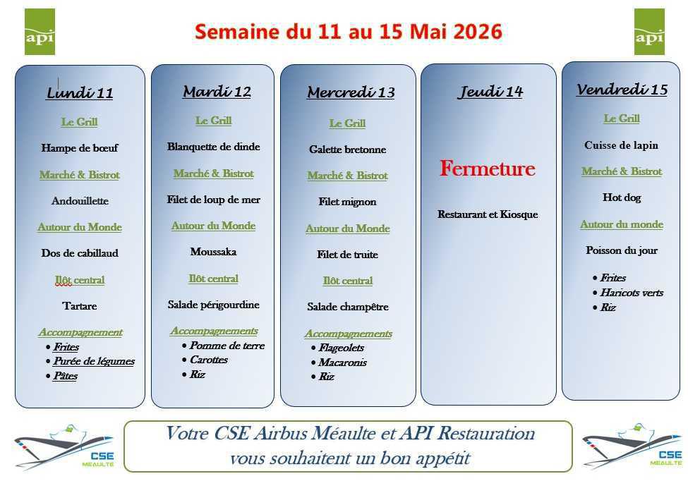 Menu du 11 au 15 mai 2026