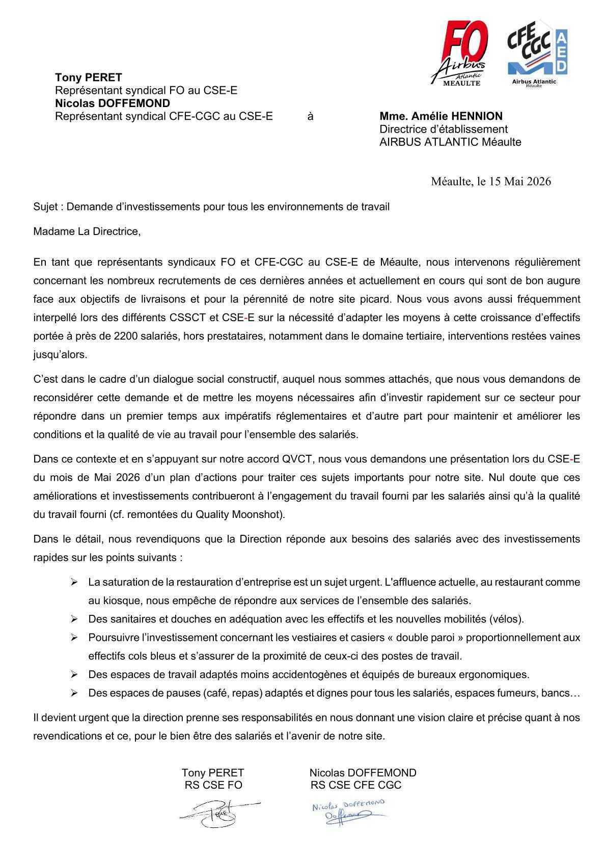 Courrier demande d'investissements